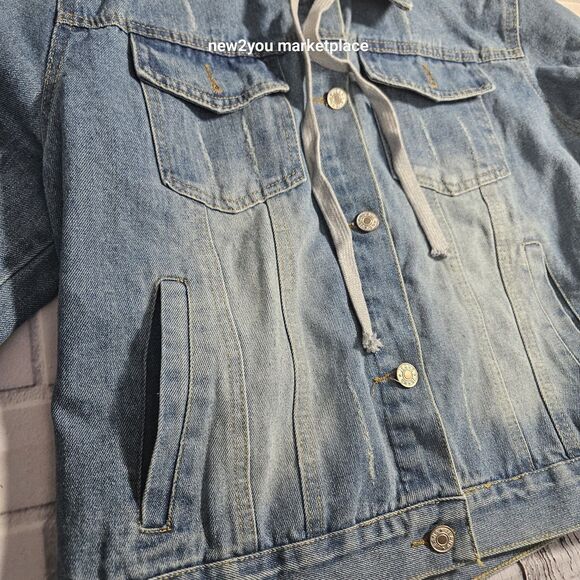Blue  Denim Jacket With Grey detachable Hood with pockets long sleeve med denim - Picture 5 of 10